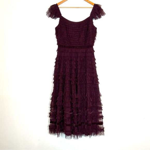 Mac Duggal 8054 Size 12 Amethyst Ruffle Tulle Cap Sleeve Tiered Party Midi Dress - Picture 7 of 13